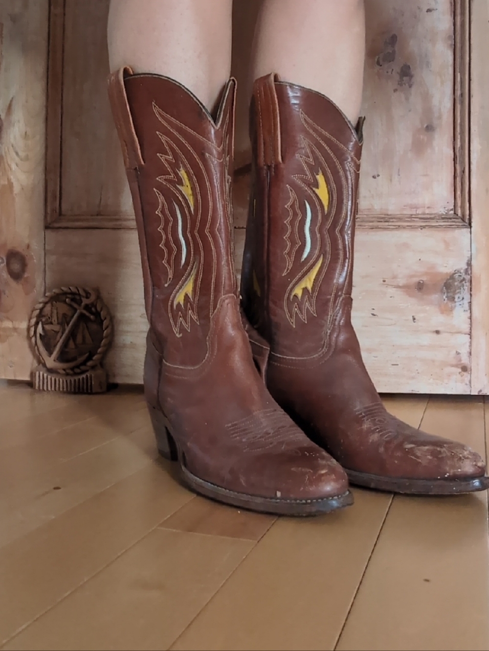 Frye Brown Leather Mid-Calf Heeled Cowboy Boots with Yellow Stitching